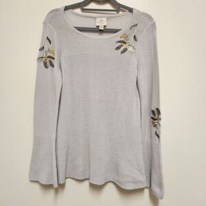 Womens Long Sleeve Floral Sweater Embroidered Medium Gray St Johns Bay